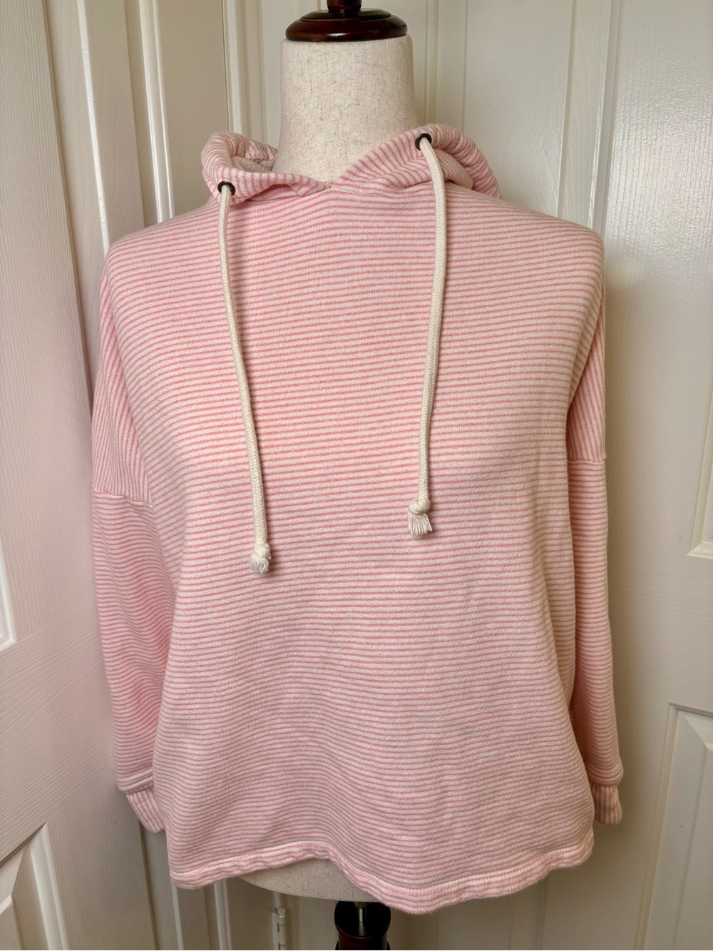 O’Neill Pink White Striped Cotton Hoodie Sweatshirt Surf Lounge Pullover Large